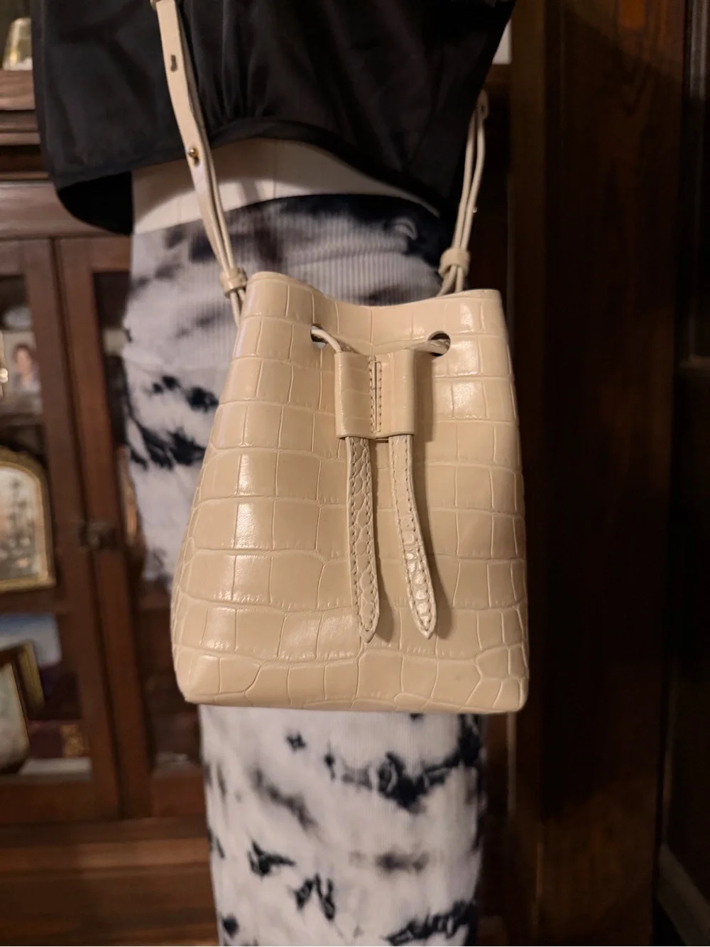 Nanushka - Beige Croc Embossed Faux Leather Mini Bucket Bag